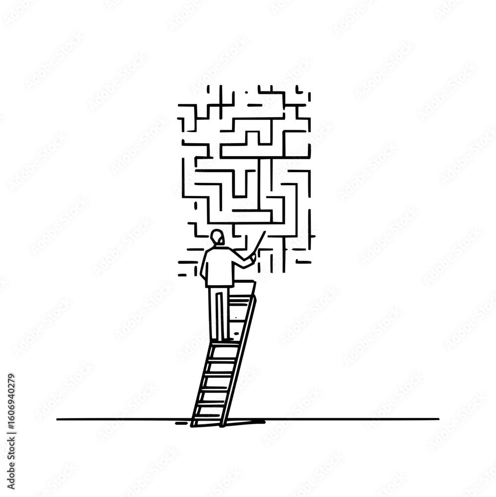 Poster tech solution architect climbing ladder to solve complex maze problem on wall concept vector design