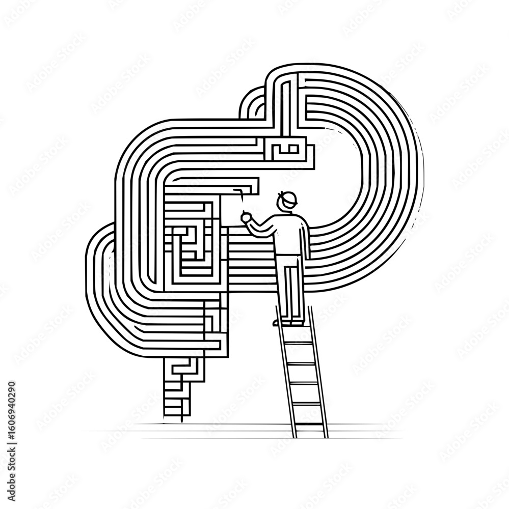 Poster tech maze design with engineer on ladder solving complex problem vector illustration concept 100