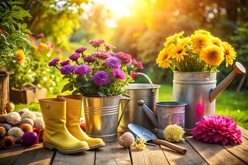 Vibrant garden scene with blooming flowers in pots and watering cans, set on a wooden table during golden hour
