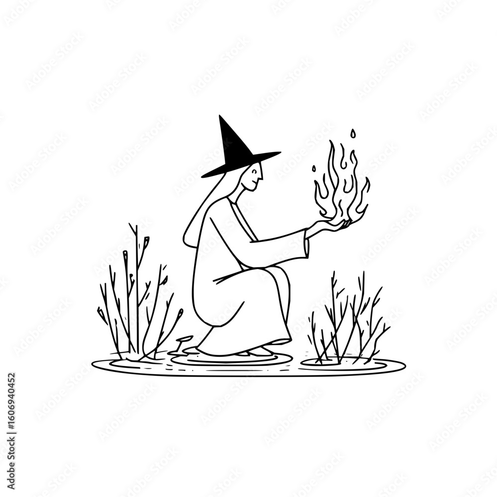 Poster ai machine learning witch creating digital fire vector art for technology innovation and future tech