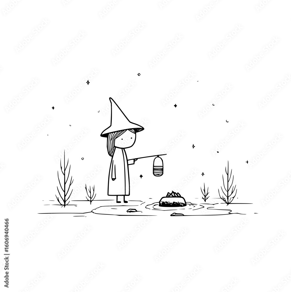 Poster tech wizard exploring digital landscape with lantern vector illustration minimal technology concept