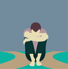 A depressed man sits alone on crossroute, embracing his knees, moment of despair. Self-flagellation, paranoia anxiety mental health concept. Symbolizing panic, phobia, depression, stress, bipolar