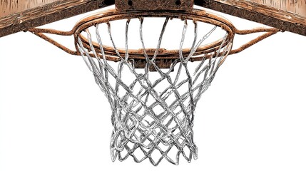 Low-angle view of a rusty basketball hoop and net, isolated on a white background