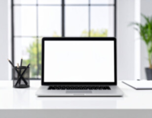 Fototapeta premium blurred Front view laptop on white table. Nearby is document paper, pencil holder. In modern office workplace.