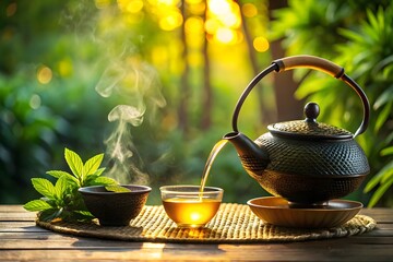 Hot tea is poured from a dark teapot into a clear cup, with fresh green leaves and steam rising in a tranquil garden setting