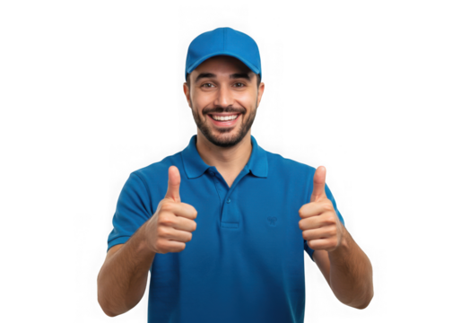 Man smiling giving thumbs up wearing blue shirt and cap pose on transparent background - Powered by Adobe