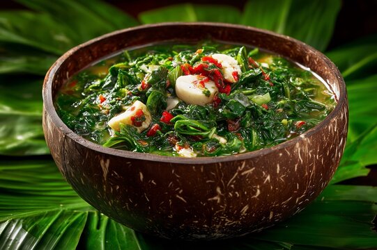 Caribbean callaloo soup with okra and crab in coconut-shell bowl on banana leaf background, tropical green stew with Scotch bonnet pepper garnish