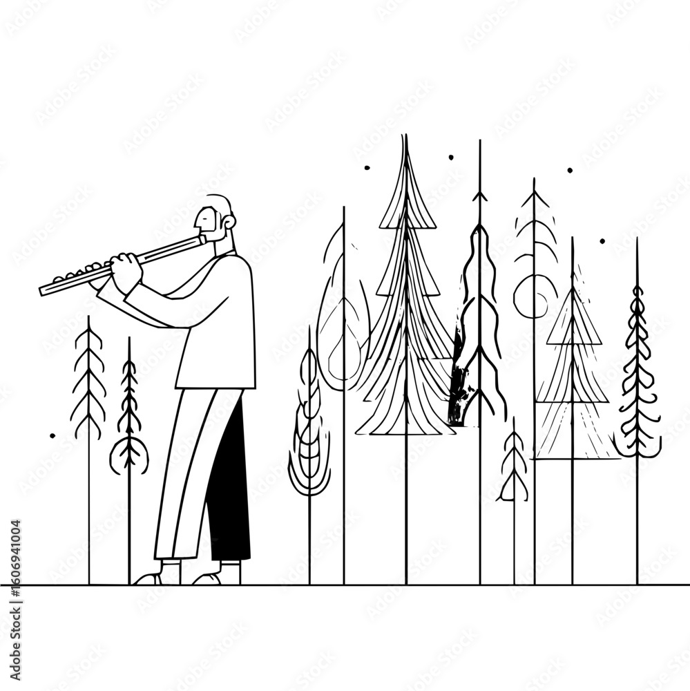 Poster man playing flute in forest vector art illustration design for website and graphic design projects