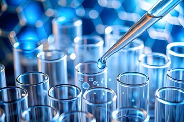 A closeup shot of a pipette dripping liquid into a test tube, surrounded by a rack of laboratory glassware, symbolizing scientific research and discovery