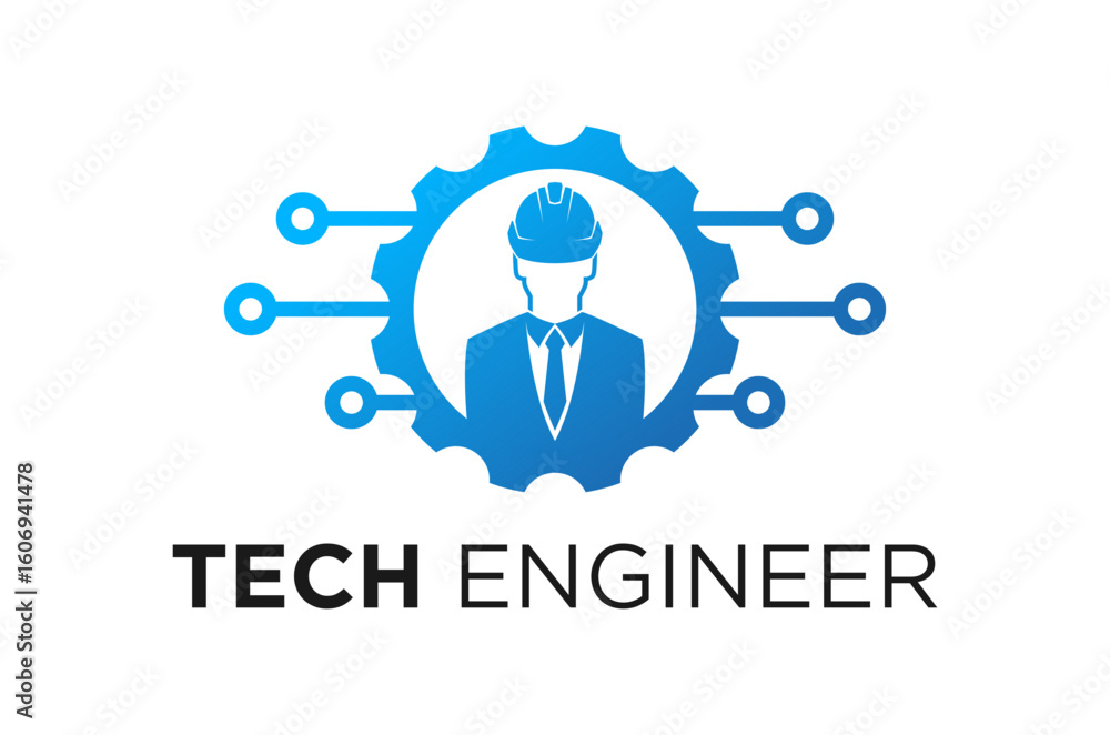 Poster tech engineer icon within a cog gear logo design, circuit line ai technology smart factory vector il