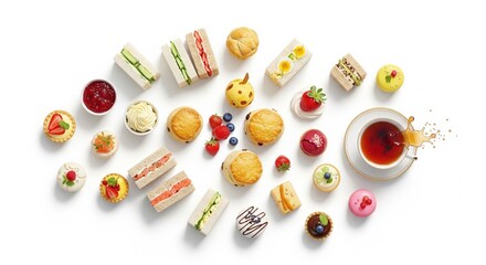 An exquisite high tea spread with assorted finger sandwiches, scones, mini tarts, pastries, fresh berries, clotted cream, jam, and a teacup with splashing tea