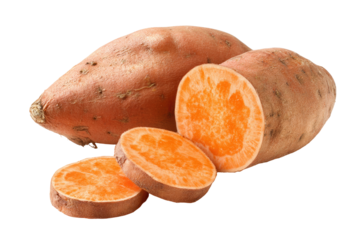 Fresh sweet potato, whole and sliced, displays vibrant orange flesh
