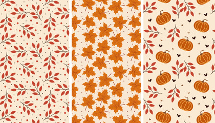 Three seamless patterns with fall motifs in warm autumnal colors. Autumn themed patterns of leaves and pumpkins