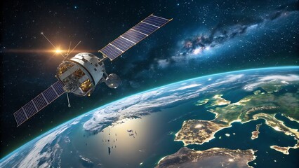 Satellite orbiting earth with glowing city lights visible