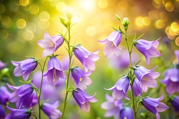 Delicate purple bellflowers bloom in a sunlit meadow, their petals catching the golden light with a soft bokeh effect