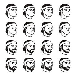 Set of sixteen minimalist line art icons depicting male faces with headbands collection