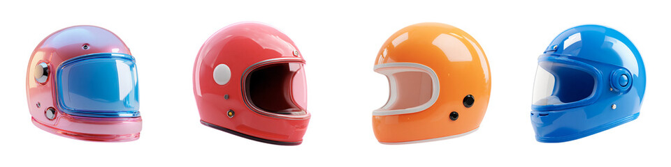 Fototapeta premium Set with 3D helmet icons, clipart collection of different colored helmets with and without protective glasses isolated on a transparent background