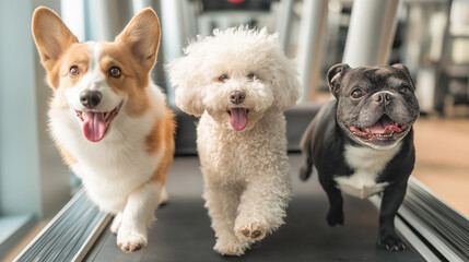 Corgi, poodle and French bulldog running together on large treadmill, showcasing pet vitality through group fitness, promoting health and happiness, ideal for dog training centers.
