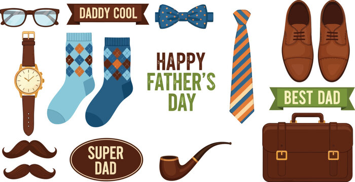 Happy father's day gifts dad cool best dad super dad socks tie watch shoes briefcase - Powered by Adobe
