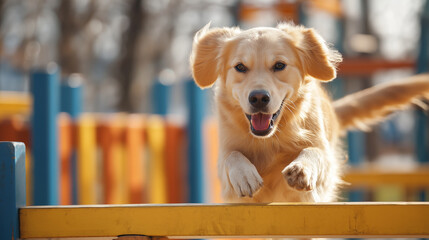 Golden retriever jumping obstacle at dog training area, showcasing pet-owner connection through active training, maintaining canine health and fitness, ideal for dog sports channels and pet bonding 