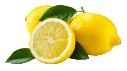 Fresh lemons with green leaves on transparent background