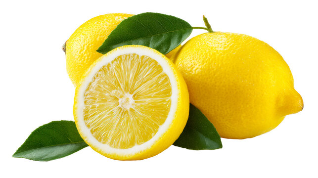 Fresh lemons with green leaves on transparent background