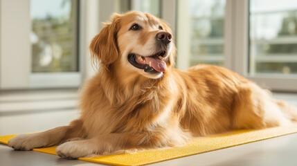 Golden retriever exercising on fitness mat, embodying pet wellness through loving care and shared workouts, promoting canine health and bonding, perfect for pet lifestyle brands and dog fitness conten
