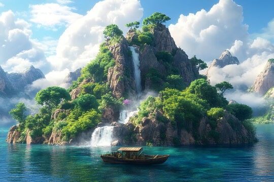 a boat is floating in the water near a waterfall