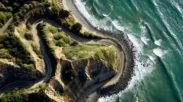 Aerial view of cliffside road weaving across ocean view