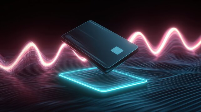 Digital payment concept featuring a floating credit card above a glowing platform, surrounded by vibrant neon waves, illustrating modern financial technology and innovation