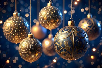 Festive christmas ornaments with intricate gold patterns hang against a bokeh background of blue and gold lights