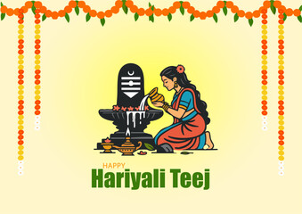 Happy Hariyali Teej Illustration with Woman Praying to Lord Shiva Under Marigold Garland
