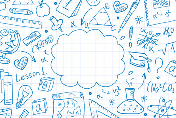Rectangular Back to School frame with hand-drawn school supplies. Background with space for text, education concept. Template for designing diplomas, certificates, school announcements, and covers.