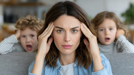 A stressed mother holding her head with two children covering their ears in a chaotic family environment at home