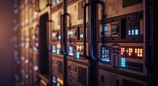 Closeup of intricate futuristic equipment panels with pulsating LED indicators aboard a deep space station. - Powered by Adobe
