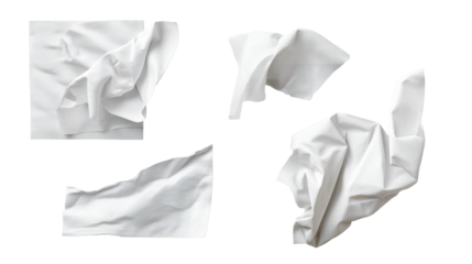 Crumpled white fabric pieces on transparent background for design use
