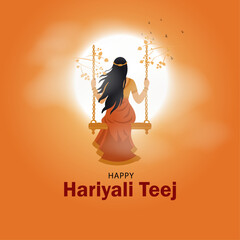 Happy Hariyali Teej Illustration with Woman on Swing Under Full Moon