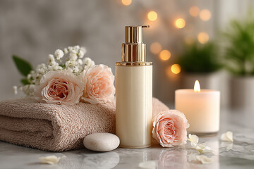 Luxury skincare mockup with white and gold pump bottles, pink rose petals, fluffy towels, and a small candle on a marble background