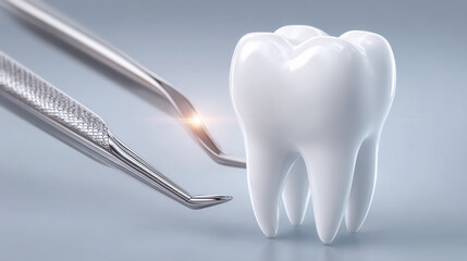 A detailed close-up of a dental crown held by a dental tool against a soft blue background representing dental care and restoration