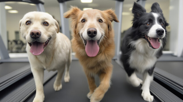 Labrador, golden retriever and border collie running together on treadmill, demonstrating dog fitness concept, maintaining pet health and peak physical condition, ideal for veterinary clinics and pet 