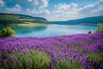 a field of lavender flowers next to a lake