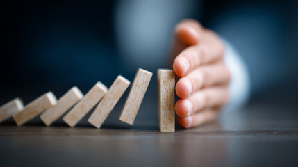 A close-up of a hand stopping falling wooden domino blocks symbolizing prevention and control in business and risk management