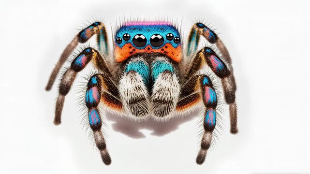 Maratus volans, a member of the Salticidae family and the Maratus genus, is a peacock jumping spider isolated on a white background. Native to Australia and male has a colourful abdomen.