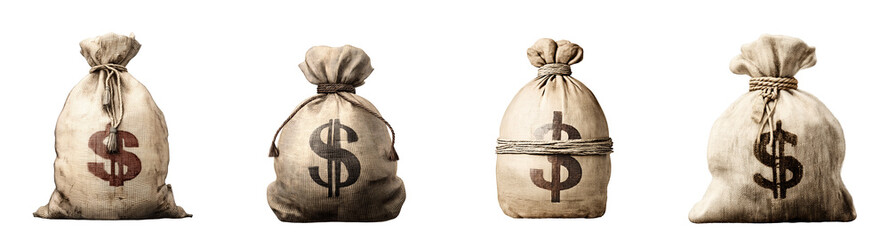 Set of various Money bags with dollar signs isolated on transparent background