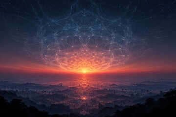 Naklejka premium A stunning view of a city skyline during sunset, with the sky painted in vibrant shades of orange, creating a breathtaking and serene atmosphere.