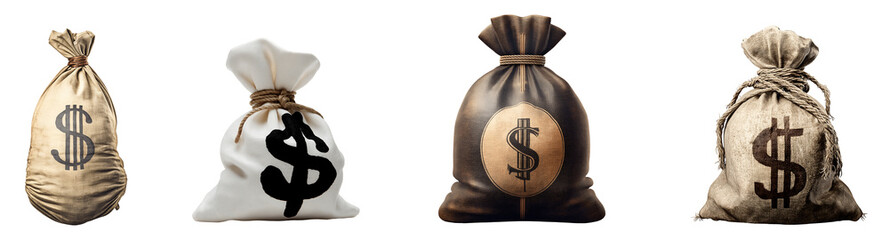 Set of various Money bags with dollar signs isolated on transparent background