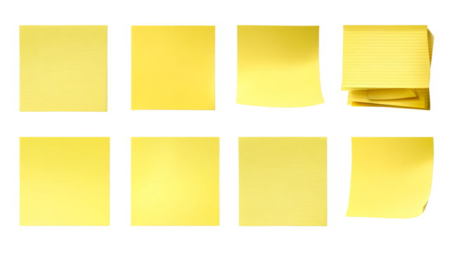 Collection of yellow sticky notes with a transparent background