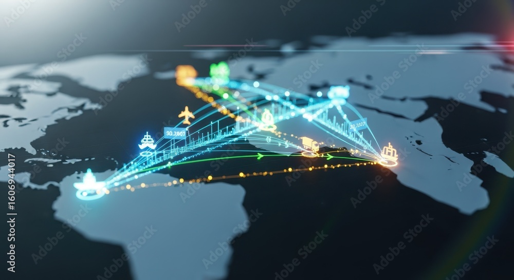 Poster stylized map with glowing lines tracing trade paths highlighting realtime tracking of international 