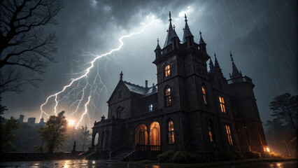 Dramatic scene unfolds with haunted castle illuminated by lightning during rainy night. atmosphere is eerie and captivating, evoking sense of mystery and suspense