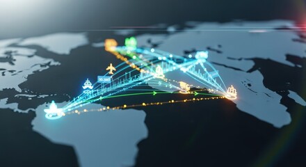 Stylized map with glowing lines tracing trade paths highlighting realtime tracking of international shipments.